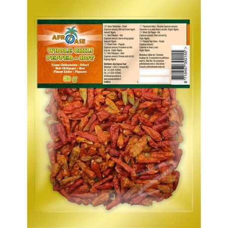 (Chili Pepper Hot) AFROASE Chili Pepper Whole Hot - Box 10 x 80 gr. (AEF)